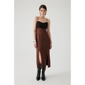 EXQUISE - Brown Black Lace Thin Strap Midi Dress